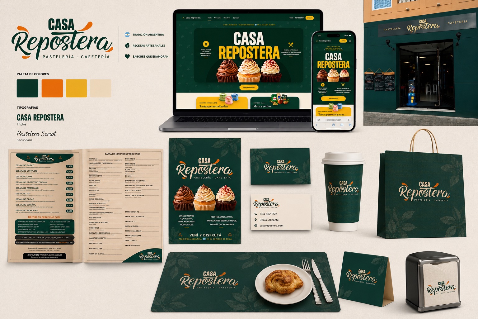 Identidad de marca completa aplicada a web, fachada, papelería y packaging para Casa Repostera