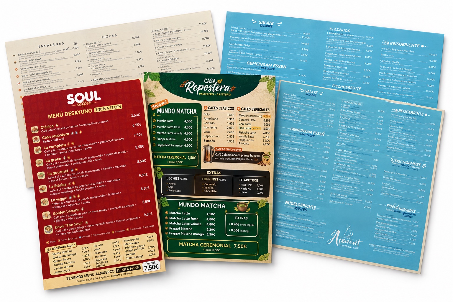 Cartas diseñadas para Soul Coffee, Casa Repostera y Aponent Restaurant