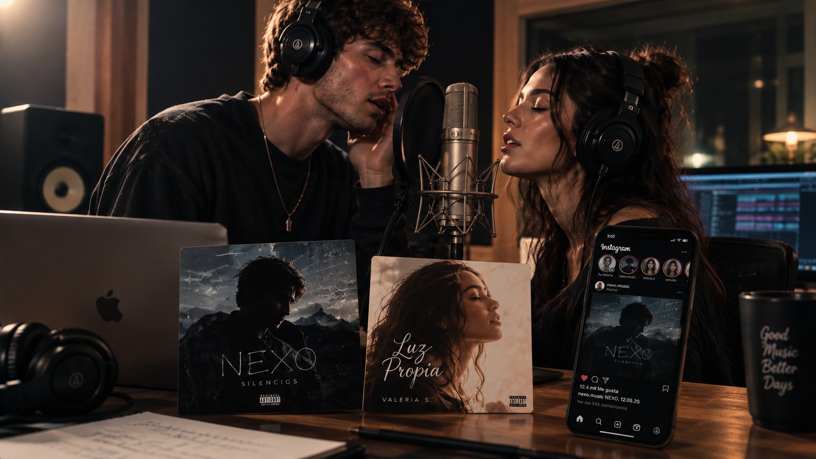Sesión de grabación en Singular United Studio, con portadas de discos sobre la mesa