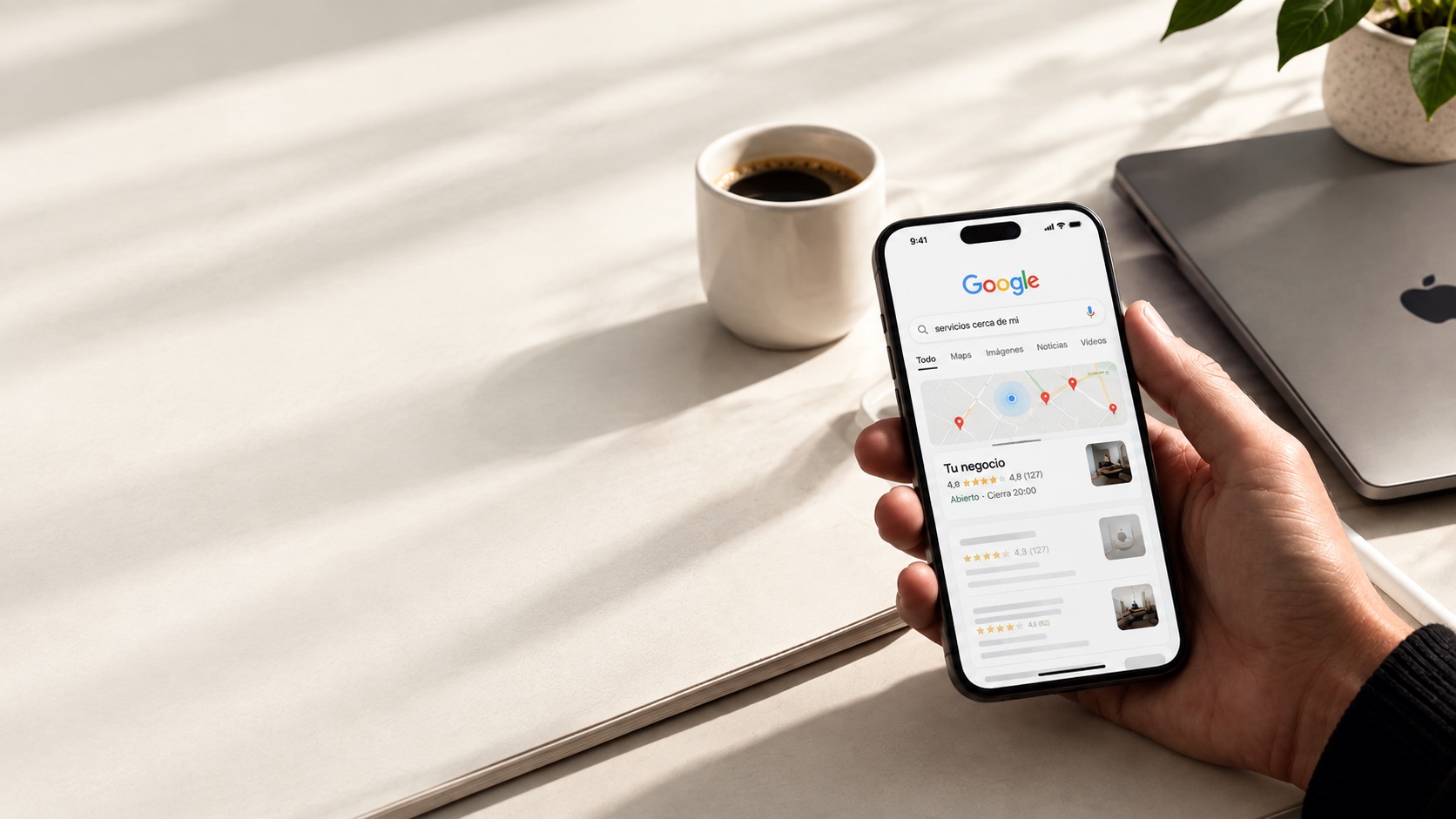 Persona sosteniendo un móvil con una búsqueda de Google, junto a un café y un portátil
