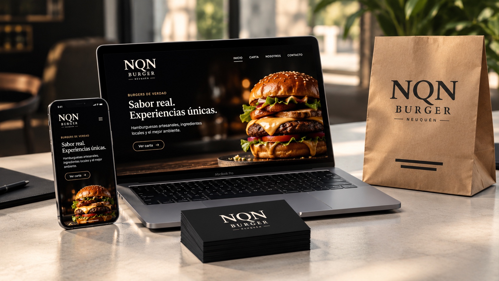 Identidad de marca aplicada a web, tarjetas y packaging para NQN Burger